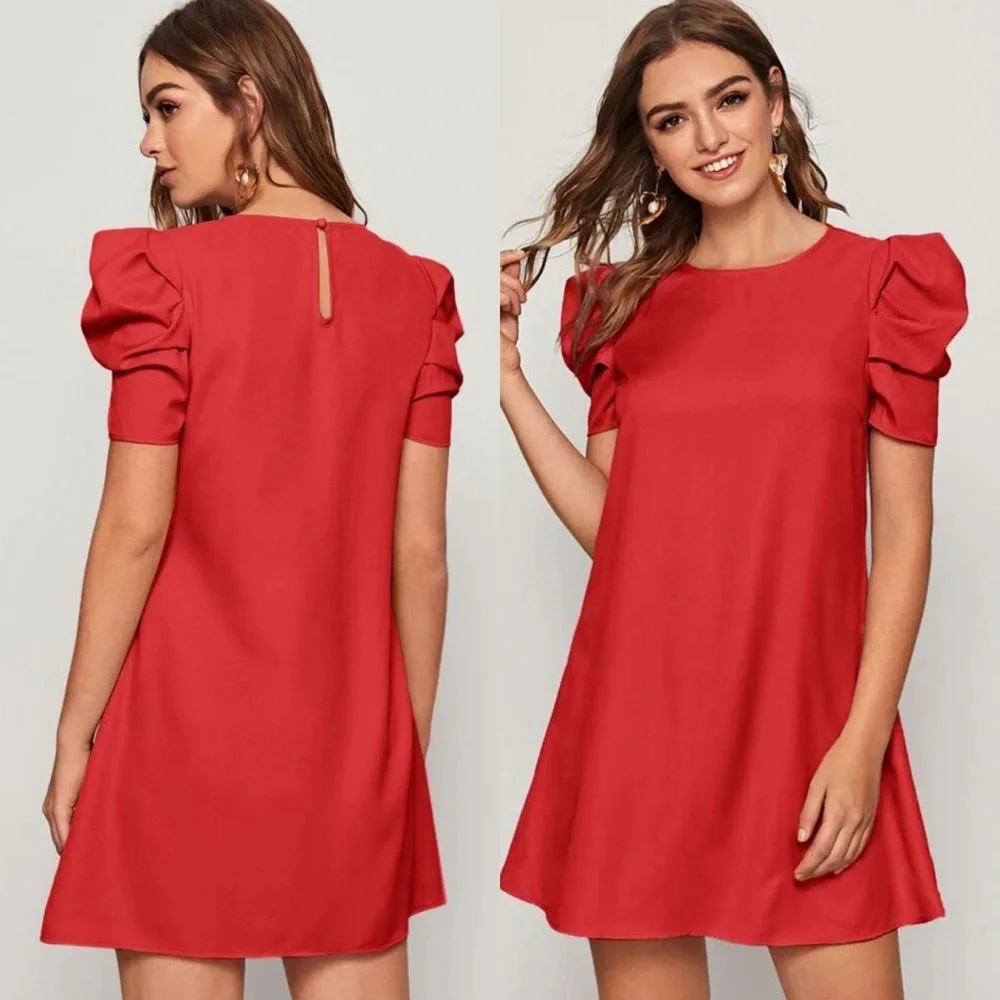 Puff sleeve babydoll shift dress keyhole cutout back short tunic green - Picture 7 of 8